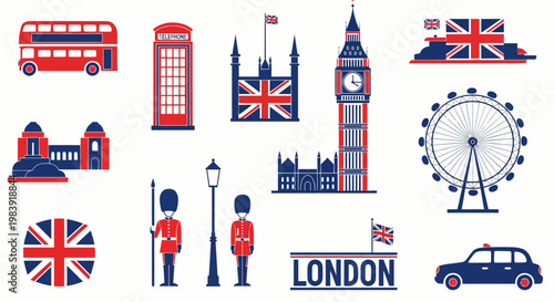 London travel icon set featuring landmarks and symbols in flat design style