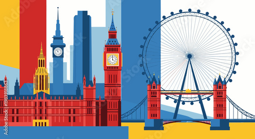 Illustration of iconic London landmarks in a colorful flat design style setting