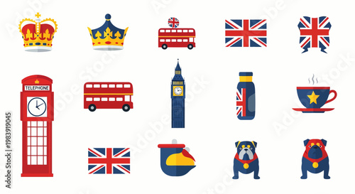 British themed flat icons showcase UK culture and symbols upscaled