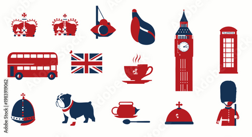 British themed flat icons showcase UK culture and symbols in red and blue