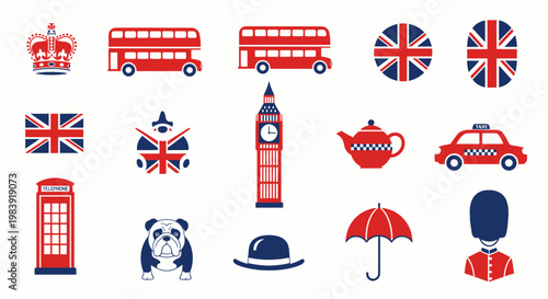 High-end British vector icons showcase iconic London symbols in flat mini style upscaled.