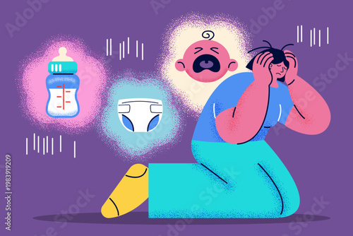 Tired mother feeling stressed and overwhelmed by baby needs like crying, feeding, and diapers. Mental health, postpartum depression, and parenting challenges vector illustration. 