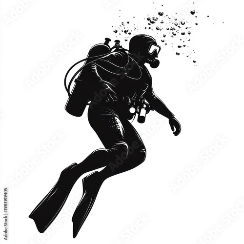 black and white silhouette of a scuba diver in full gear with twin tanks, fins, mask and regulator exhaling bubbles, drifting calmly in an exploratory adventurous mood