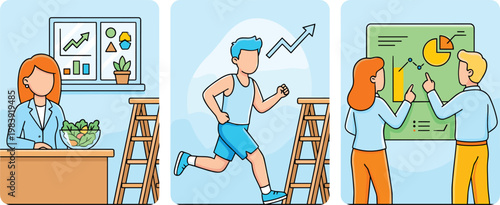 Cartoon Man Falling Off Ladder While Painting Office Wall Triptych Scene