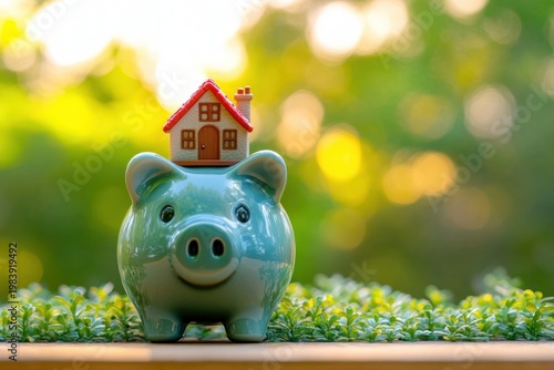 green ceramic piggy bank with a tiny house on its back on lush greenery, symbolizing hopeful savings, home ownership and financial security