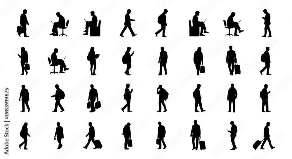 Fototapeta premium people silhouettes illustrating diverse human activity and technology use in daily life representing a modern lifestyle.