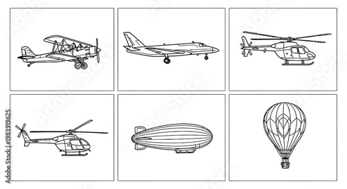 collection of classic and modern aircraft helicopters blimp and hot air balloon in vintage style