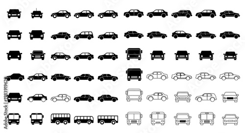 collection of car and bus icons different angles and types automotive transport symbols