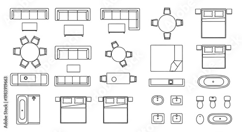 collection of flat lay interior design furniture and bathroom elements