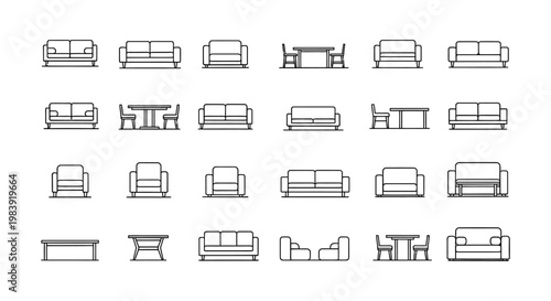 collection of line art icons of modern furniture sofas armchairs and tables
