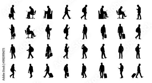 people silhouettes illustrating diverse human activity and technology use in daily life representing a modern lifestyle.