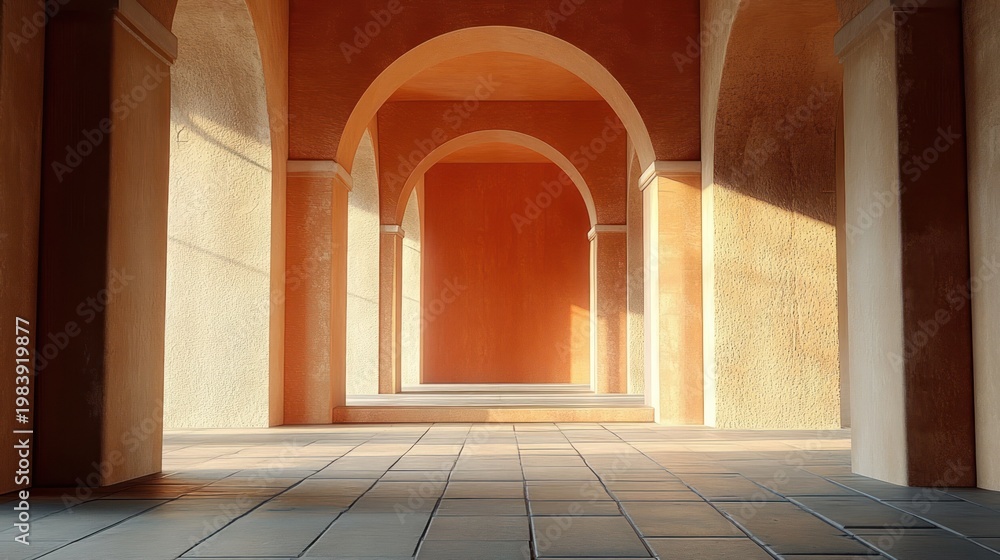 Fototapeta premium Sunlit arched corridor with terracotta stucco walls, columns and tiled tiled floor casting warm shadows, calm serene empty passage