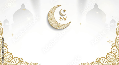 A decorative crescent moon and star symbol above the word 'Eid' is featured in a bright, digitally-created design with ornate gold-colored borders and faint architectural silhouettes