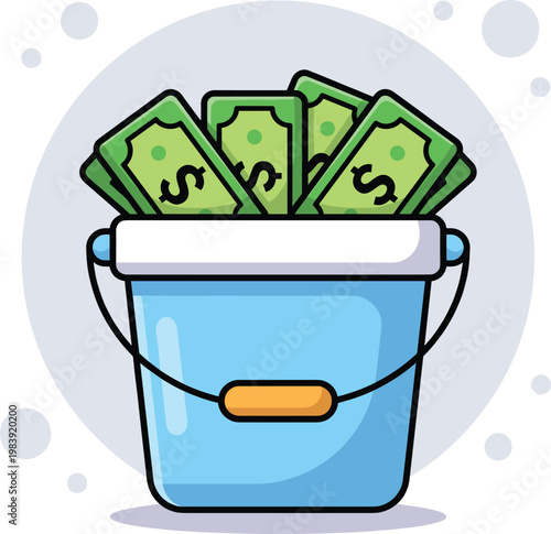 Blue Bucket Filled with Money Banknotes Illustration Vector Art Design