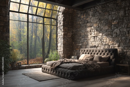 Cozy bedroom with large window overlooks autumnal forest scenery.