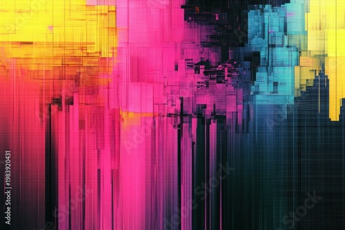 vibrant abstract digital composition of cascading magenta, cyan and yellow pixel blocks with vertical streaks, grid texture and dark moody contrasts conveying energetic tension