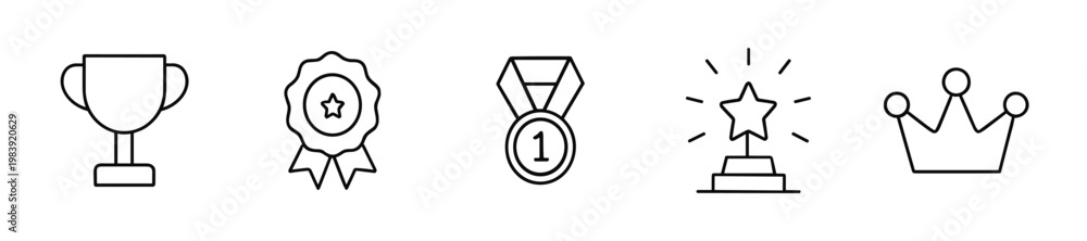 Fototapeta premium Award Icon Set, Trophy Medal Crown, Winner Achievement Success Line Vector Icons