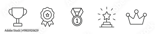 Award Icon Set, Trophy Medal Crown, Winner Achievement Success Line Vector Icons