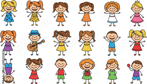 Playful Children Stick Figure Vector Set Featuring Boys and Girls in Fun Activities and Poses for Kids' Illustrations