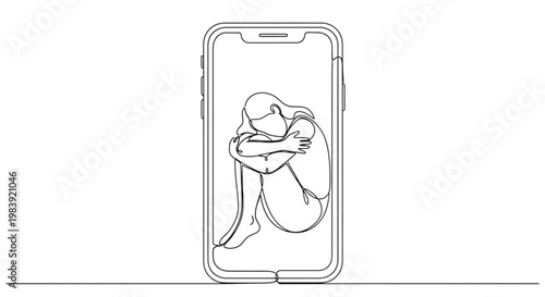 Continuous Line Art Person Trapped in Smartphone Digital Addiction Social Media Minimal Illustration