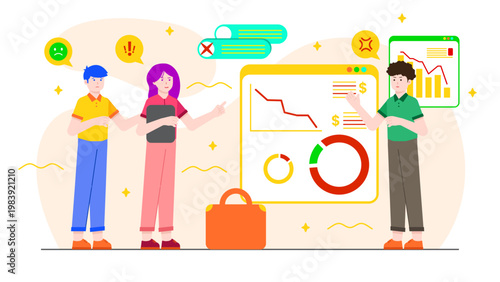 Business group discussing financial problems and declining sales charts during a conflict resolution session