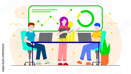 A team analyzing financial growth charts and planning for business succession in a corporate environment