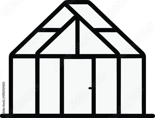 greenhouse glass pane structure with roof peak line art vector illustration on transparent background