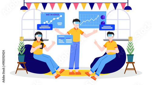 Characters wearing VR headsets attending a business meeting in VR