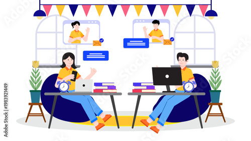 Flat vector illustration of people working via an online platform