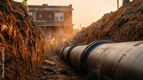 Construction workers installing large pipes in a trench during golden hour