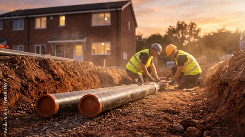 Construction workers installing pipes in a trench during sunset, residential building in background