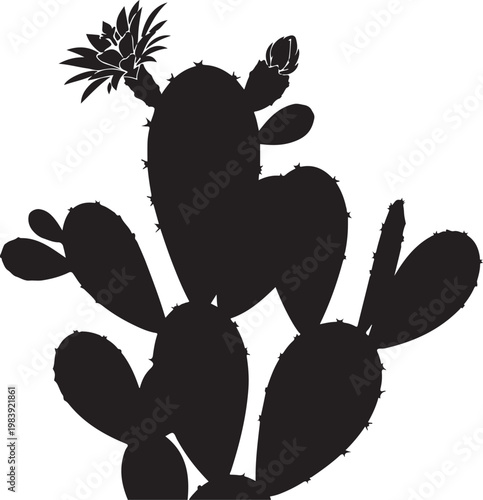 Black silhouette of a prickly pear cactus white background