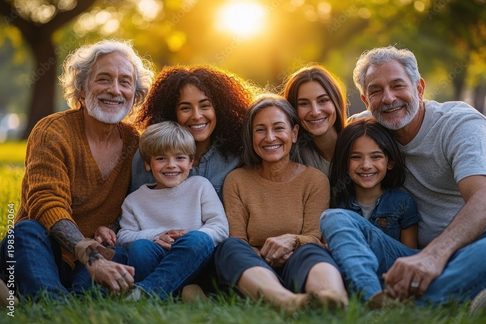 Fototapeta premium multigenerational family sitting closely on grass in a sunlit park at golden hour, sharing warm joyful relaxed togetherness and bonding