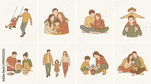Illustration Set Depicting Family Life Joyful Moments and Togetherness at Home
