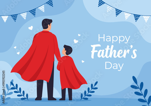 Father and Child in Superhero Capes Holding Hands Facing Away Together