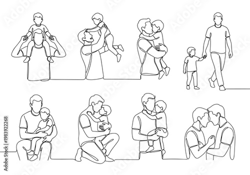 Continuous line art illustration of familial love and bonding moments for fathers