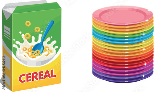 Foto Colorful Cereal Box and Stack of Plates Vector Set for Kitchen, Food, and Househ