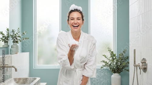 Joyful woman in a white bathrobe, hair wrapped, playfully blowing bath foam, celebrating refreshing self-care in a modern bathroom