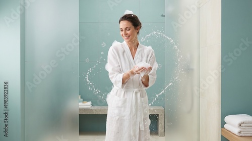 Woman in a bathrobe enjoying a refreshing shower and washing her hands with soap