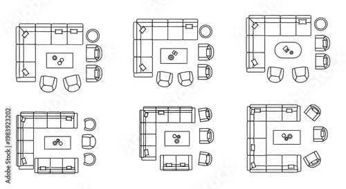 various living room furniture layouts and sofa floor plans provide interior design inspiration for modern home arrangements.