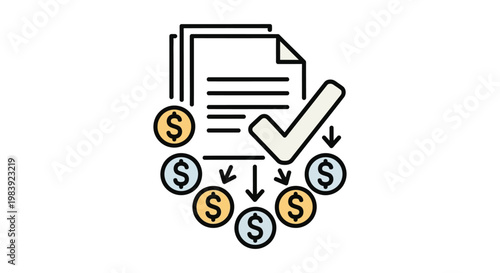 financial transaction and payment processing with dollar coins and an approved document for business income and expense management