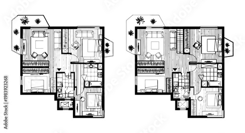floor plan of modern apartments with balcony bedroom bathroom and living area