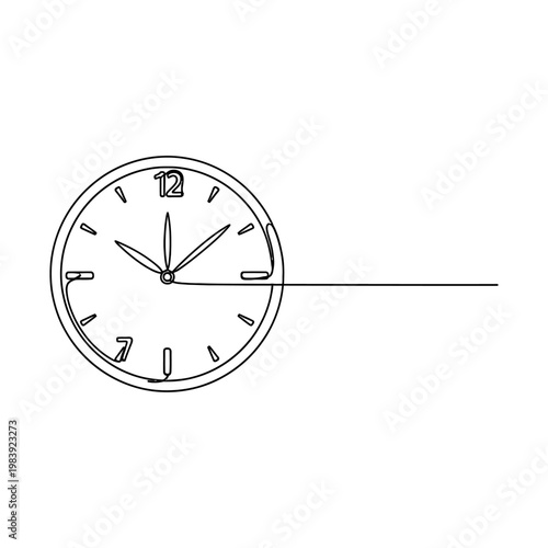 continuous line drawing of a clock face with hands indicating time isolated on white