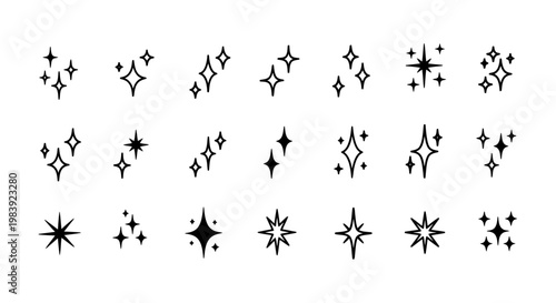collection of simple black and white hand-drawn star sparkle icons