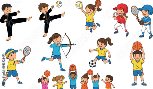 Kids Sports Activity Vector Set Featuring Soccer, Basketball, Tennis, Karate, Archery, and More for Children's Illustrations and Designs