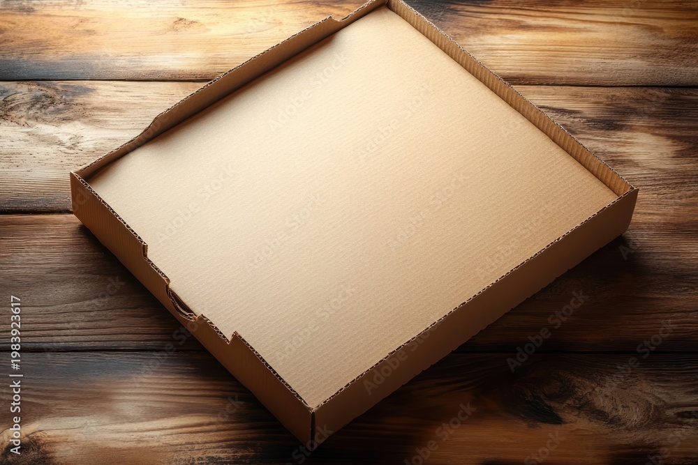 Fototapeta premium empty corrugated cardboard pizza box on a wooden table with warm lighting evoking rustic simplicity and quiet anticipation