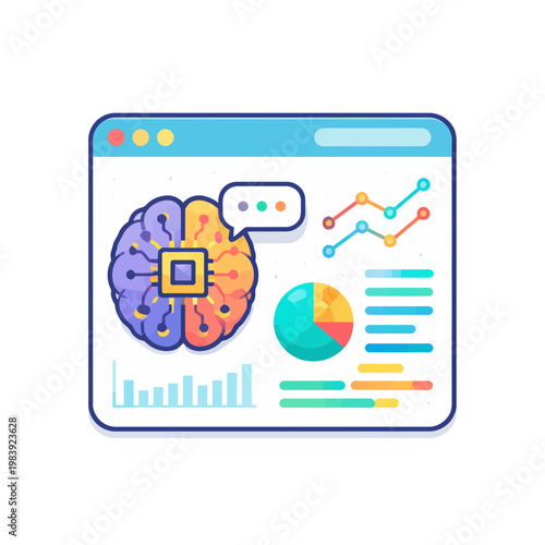 Artificial intelligence data analysis on a digital browser. Features an AI brain and analytical charts, representing machine learning and business intelligence