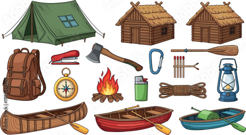 Camping and Outdoor Adventure Gear Vector Set with Tent, Canoes, Backpack, Axe, Fire, and More for Travel, Hiking, and Wilderness Designs