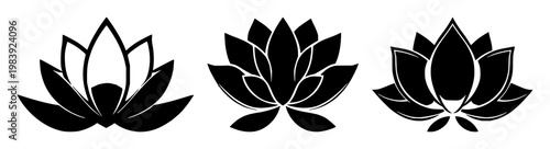Lotus flower icon set with solid black outline on white background featuring mindfulness, meditation, minimal line art with simplicity and clarity