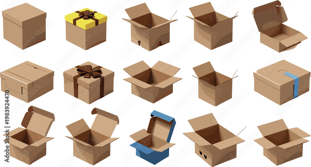 Fototapeta premium Cardboard Box Vector Set Featuring Different Styles and Designs for Packaging, Shipping, and Gift Wrapping Illustrations